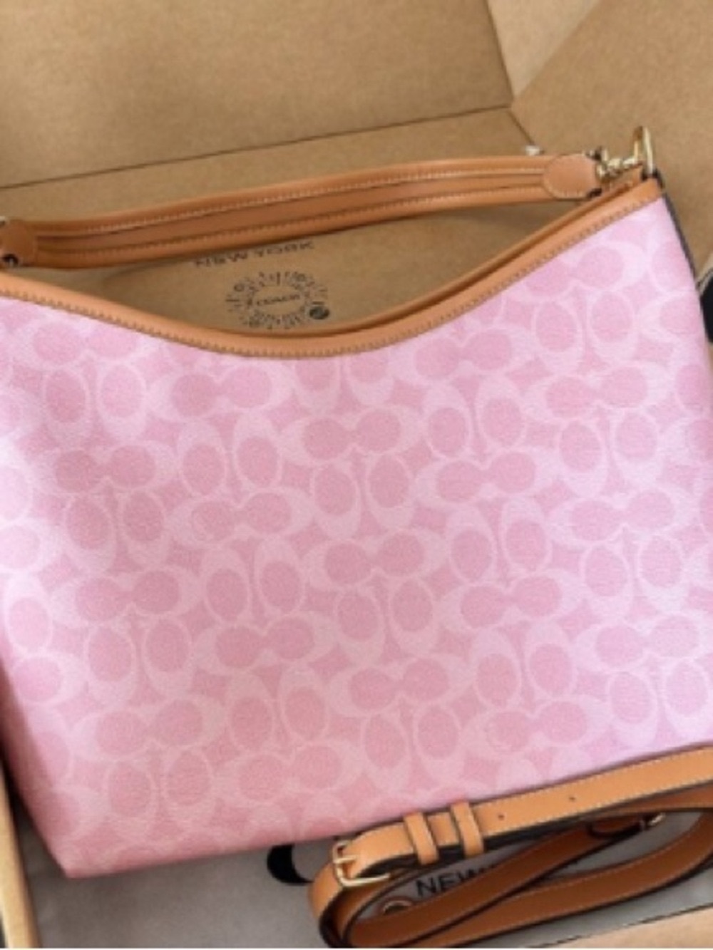 Coach Pink Signature Shoulder Bag with Tan Trim and Floral Charm - Picture 6 of 6
